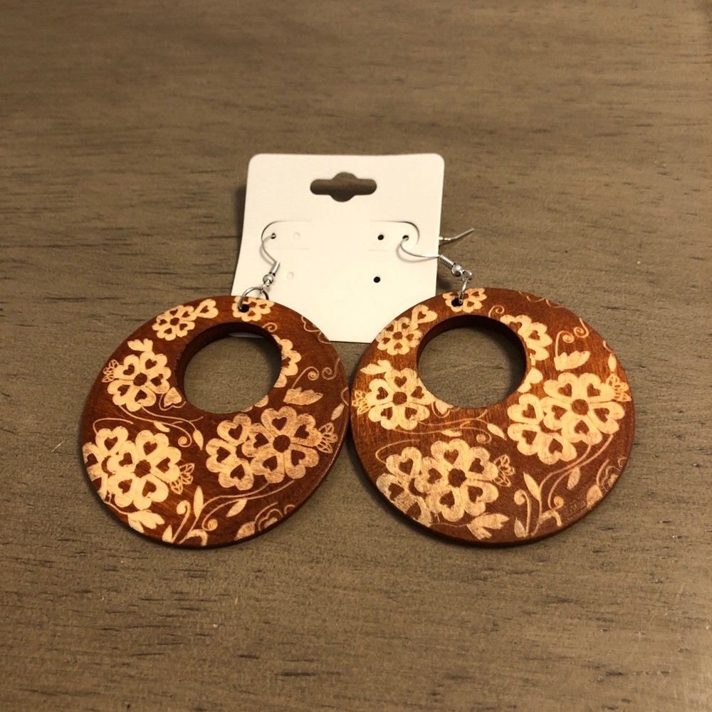 Floral Wooden Brown and Tan Circular Fashion Jewelry Earrings